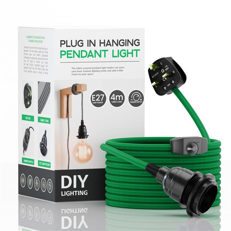 Green Color Dimmer Switch 4m Fabric Flex Cable Plug In Pendant Lamp E27 Holder Pendant Light with plug-in, E27 Suspended Lamp Holder with Dimmer Switch for Ceiling Hanging Lights
