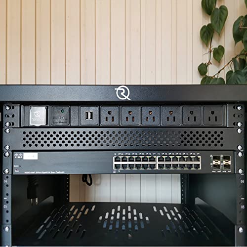 RIVECO PDU 6 tomas con 2 puertos USB, Multitoma de rack flexible para gabinete de servidor 19", con protector contra sobretensiones para dispositivos de red y audio, 1U Negro miniatura 4
