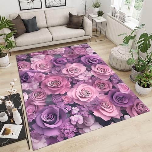 GDJSMIN Alfombra Salon - Patrón Floral Orgánico Alfombras Grande Comedor Alfombras Patrón De Rosas Moradas Lavable Tapete De Dormitorio Pelo Corto Rosa Púrpura60×90Cm