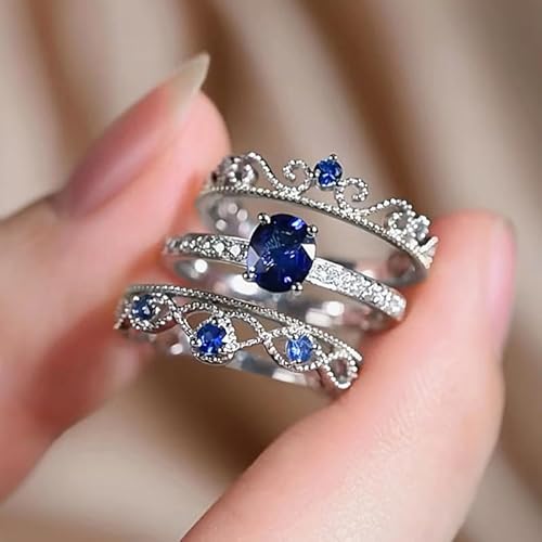 Gixaxak Sapphire Rings Set for Women 3-Piece Crown Wedding Engagement Bridal Set Ring Band Oval Round Simulated Cubic Zirconia 925 Sterling Silver Blue Moissanite Rings Set 8