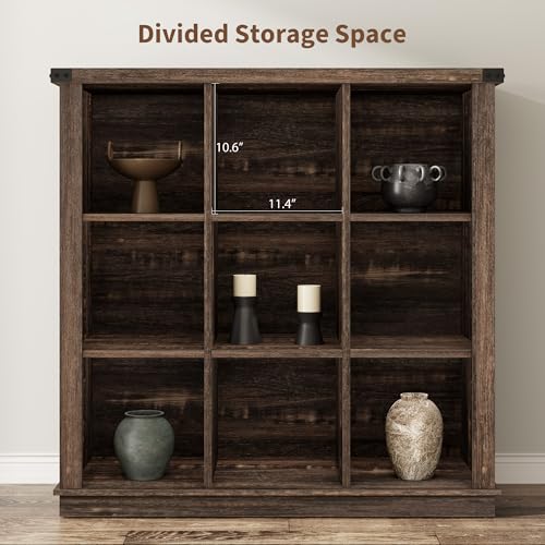 GarveeHome 9 Cube Storage Organizer Bookshelf, 4 Tier Farmhouse Horizontal Bookcase, 37.4 Inch Wood Storage Bookcase for Entryway, Long Low Bookshelves for Living Room-Black Oak