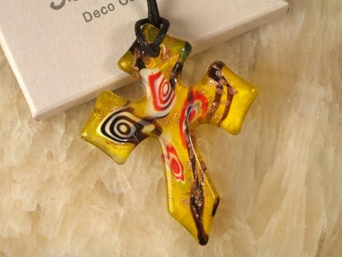 Murano Art Deco Yellow And Red Swirl Glass Cross Favors