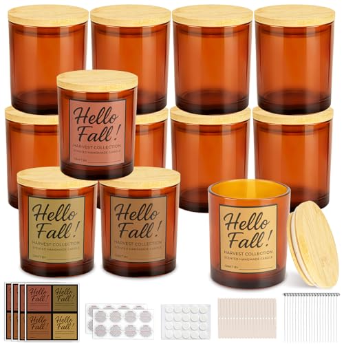 CONNOO 12-Pack 10oz Fall Glass Candle Jars with Bamboo Lids,