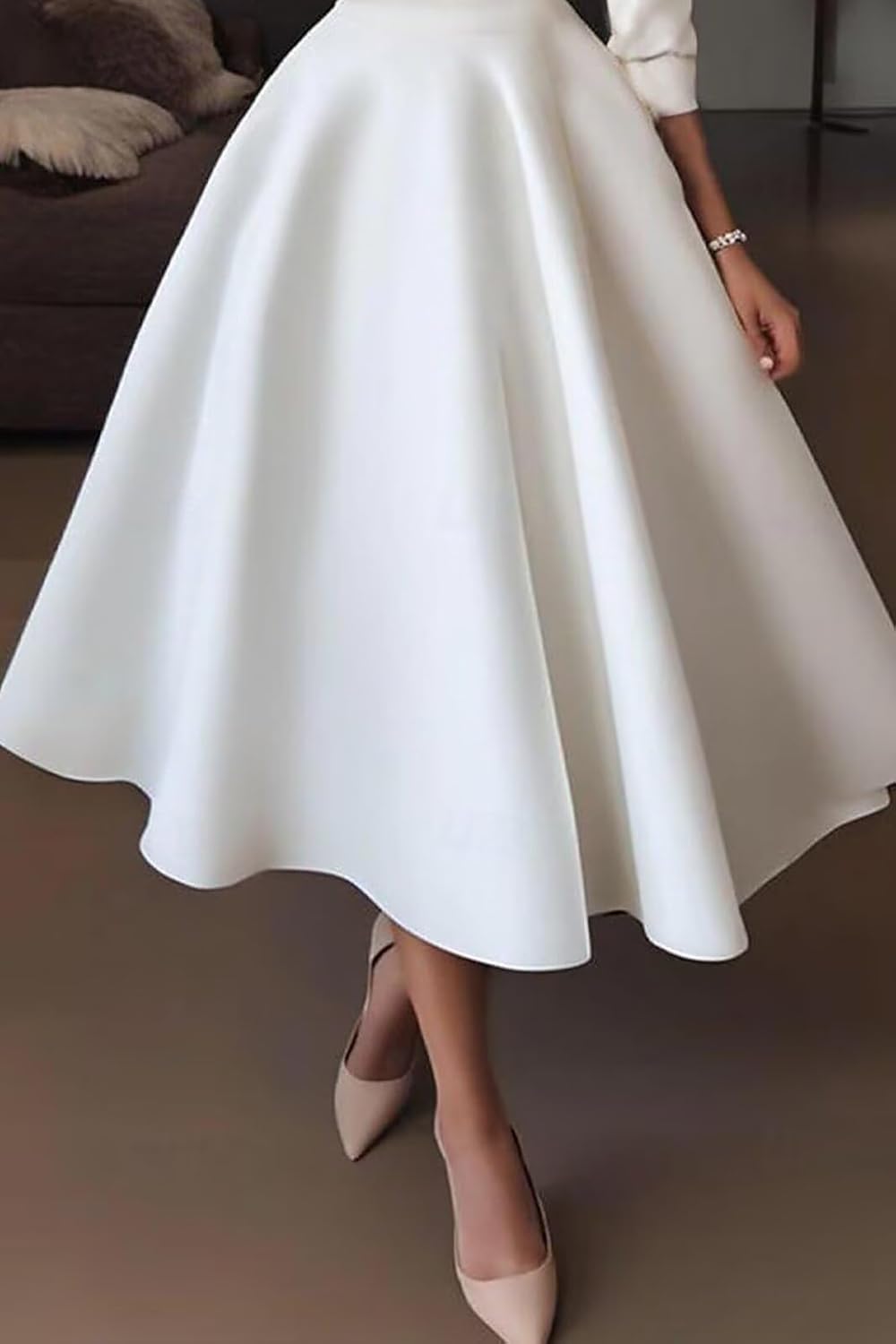 Half Sleeve Tea Length Wedding Guest Dresses for Women Elegant Satin A Line Midi Evening Dress - Image 4