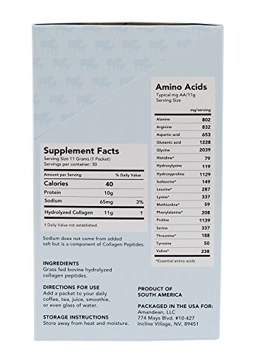 Amandean Collagen Peptides Powder Packets | 30 Individual Stick Packs | Grass-Fed Hydrolyzed Collagen Protein | Unflavored, Easy To Mix | Paleo Friendly | Promotes Healthy Gut, Skin, Hair, Nails. #TOP1