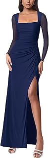 firfig Women Mesh Long Sleeve Square Neck Ruched Sheath Formal Evening Maxi Dress Cocktail Party Wedding Guest Dresses