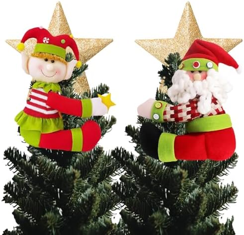 Elf Christmas Tree Topper Santa Claus Christmas Decoration,2 Pack Unique Funny Tree Topper Xmas Curtain Wine Bottle Staircase Guardrail Ornament for Xmas New Year Holiday Party(Elf & Santa)
