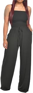 NEZIH OffShoulder Solid Color Smocked Jumpsuit Women's Strapless Bandeau Belted Wide Leg Maxi Romper With Pocket
