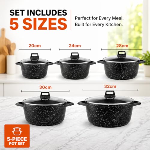 EVERYPAN Speckled Granite Cookware Set – 5 Piece Non-Stick Pots with Glass Lids, Induction & All Hob Compatible, Robust Aluminium (Black) - Image 7