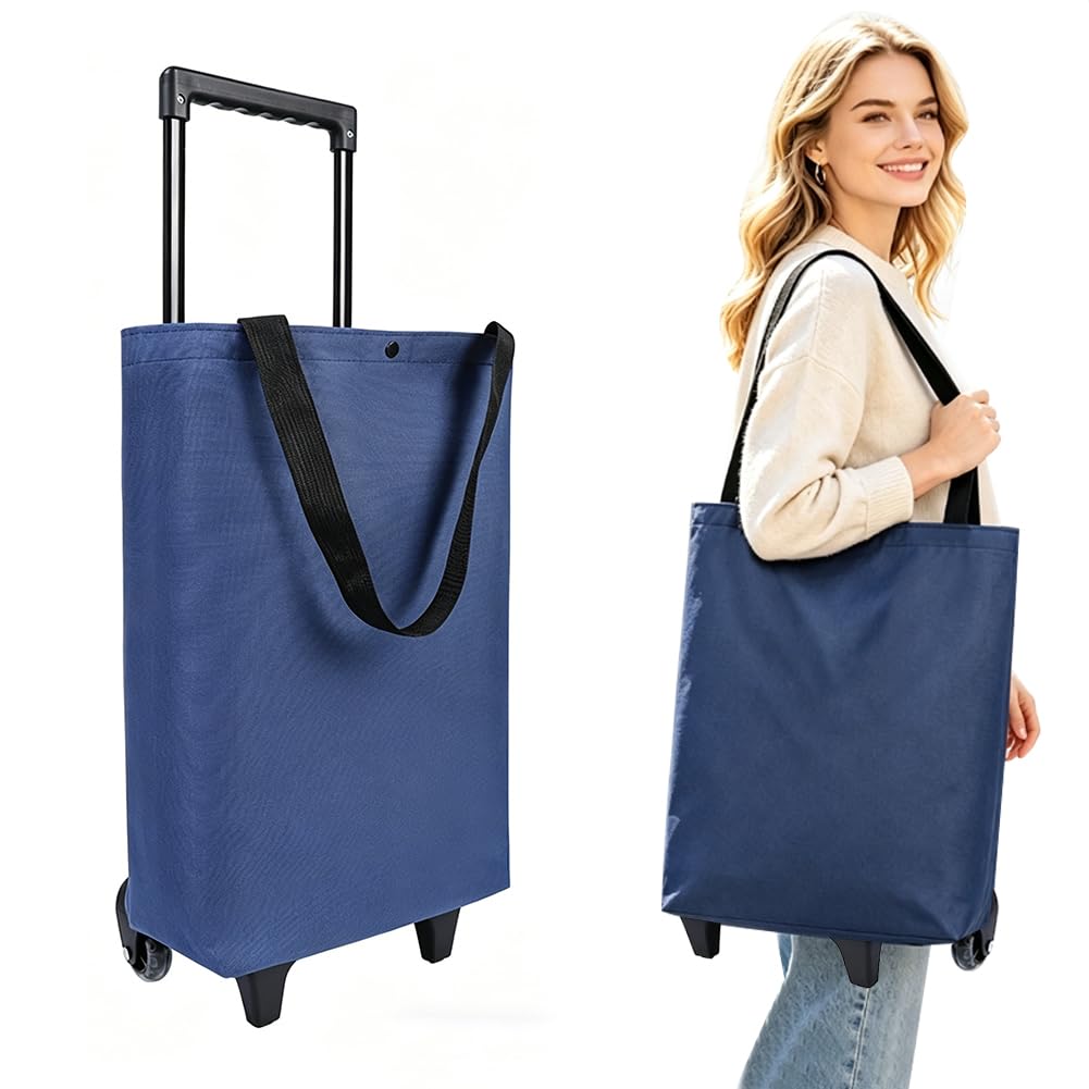 Trolly Wózek na zakupy, składany, duża torba na zakupy na kółkach, 30 l, na kemping, podróże, z zamkiem błyskawicznym, wodoszczelny, niebieski