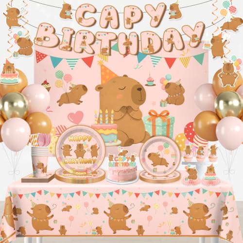 Xynic 208Pcs Capybara Birthday Decorations Tableware Set - Serves 25 Guests - All-in-One Kit with Balloons Banner Cake Toppers 350gsm Plates Tablecloths Backdrop and Honeycombs
