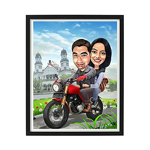 Image of DK Decors Personalized Caricature Photo Frame Custom Cartoon Portrait from Photo, Outing Bike Ride Gift for Couple, Husband & Wife (8x10 Inch)