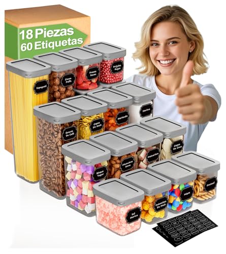 Homhut Botes Cocina Almacenaje 18 Piezas, Recipientes Herméticos para Alimentos, Tarros Cocina Almacenaje de Plástico con Tapa para Cereales Harina Café Pastas
