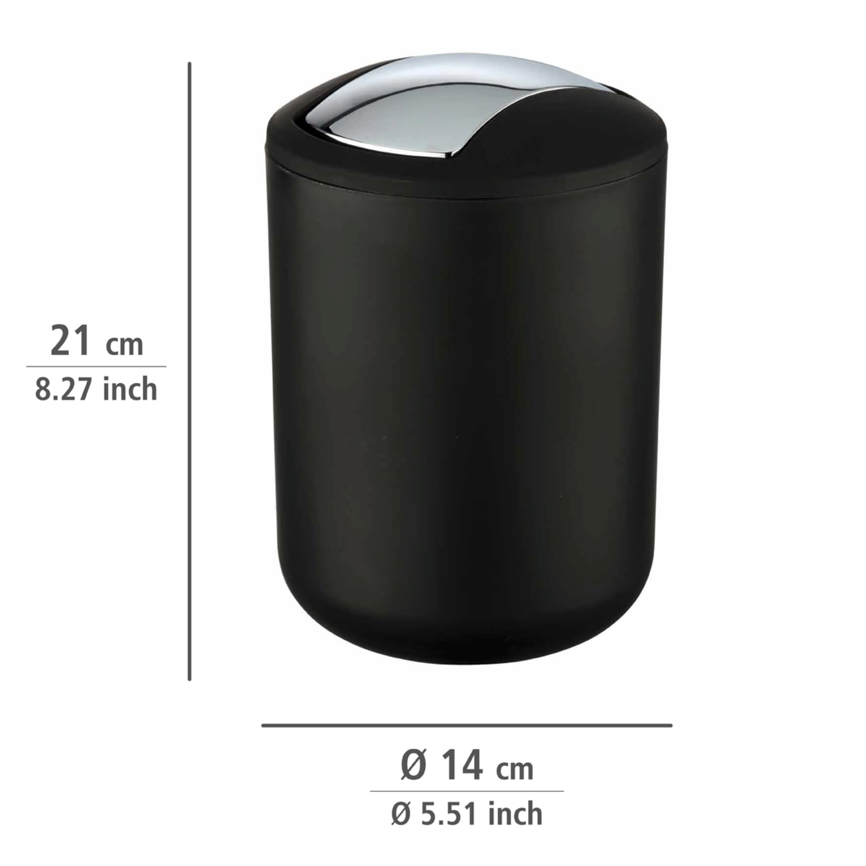 Wenko Papelera para cosméticos Brasil S, capacidad de 2 litros, papelera de baño con tapa abatible, papelera pequeña de plástico irrompible, sin BPA, Ø 14 x 21 cm, negra