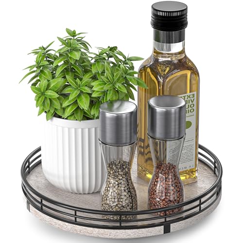 Image of 9 inch Wooden Lazy Susan Organizer for Cabinet, Turntable Round Decorative Tray for Kitchen Sink, Countertop Organizer, Bathroom Counter Organizer for Skincare Makeup, Rustic Whitewashed