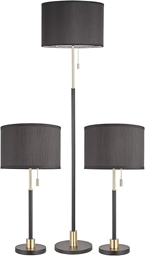 Miniatura 2 de Table and Floor Lamp Set of 3 Pack Lamp Set with Black Linen Lampshade, Farmhouse Light Sets, Modern Table Lamps and Floor Lamp for Living Room,