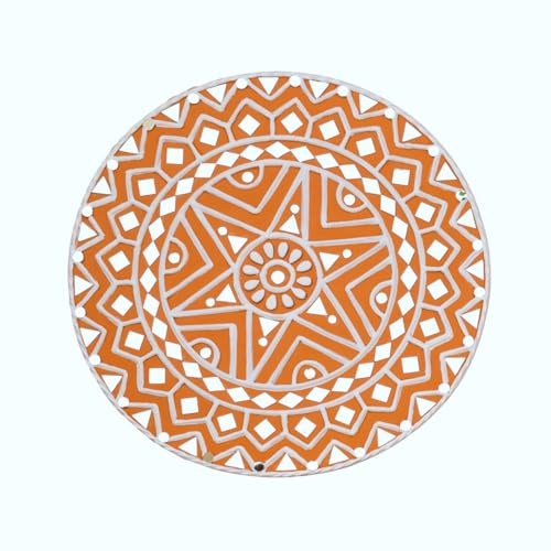 Image of Ethnics of Kutch Traditional Kutch Handicraft Mud-Mirrorwork Lippan Kam Wall Art (Water and Break Resistant) - Square (12 inch x 12 inch) - (Orange - LKT-0255)