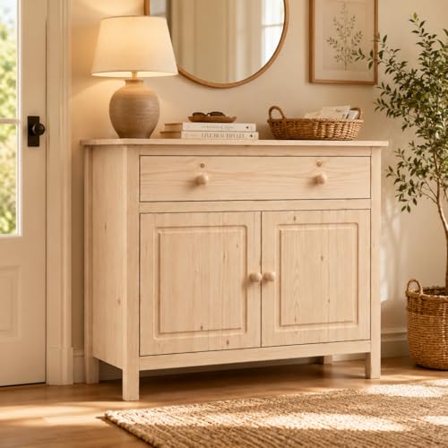 From the Tree Furniture 44" Wide Solid Pine Shaker Sideboard Buffet Cabinet — 2 Doors with Adjustable Shelf & 1 Drawer — Anti-Tip Anchor Included — Stain-Ready for Dining Room, Kitchen & Entryway