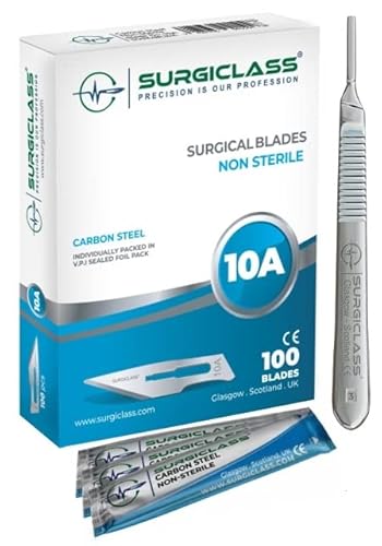 Lames de scalpel No 10A en acier au carbone non stérile, lot de 100 et poignée n° 3, parfaites pour l'art du bois Chirurgicale la sculpture l'anatomie de laboratoire SURGIBL10A-100