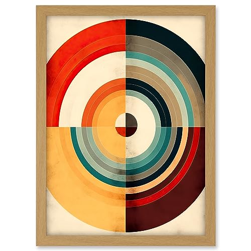 Artery8 Concentric Circles Bauhaus Style Minimal Colourful Vintage Artwork Framed A3 Wall Art Print, Framed Light Oak A3
