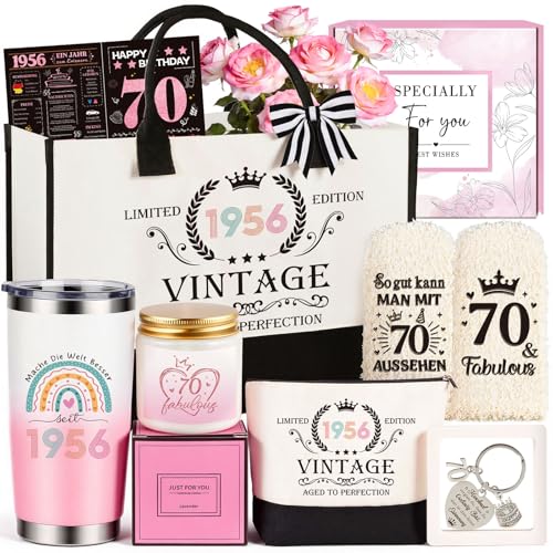 Geschenkset zum 70. Geburtstag Frauen - 1956 Vintage Edition Geburtstagsgeschenk für Oma Mama Ehefrau Schwester Tante - 8-tlg. Set inkl. Canvas-Tragetasche Kosmetiktasche Trinkbecher Grußkarte