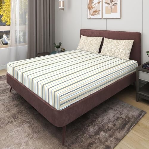 Image of RD TREND 210tc 360 Fitted Bedsheets King Size 78x72x8 Inch, Elastic Bedsheets for King Size Bed with 2 Pillow Covers-18x28 Inch (Beige Striped)
