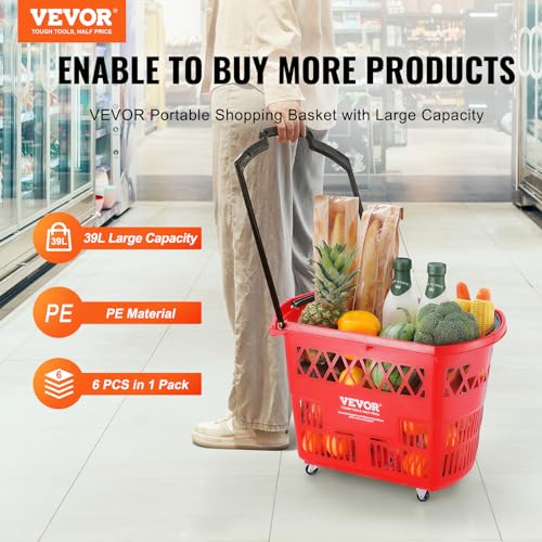 Vevor SHOPPING BASKET 39L RED Shopping Baskets, 6Pcs, 39L Shopping Carts With Handles, Plastic Rolling Shopping Basket With Wheels, Large Portable Shopping Basket Set For Supermarkets, Retail Stores, Grocery Shopping thumb #1