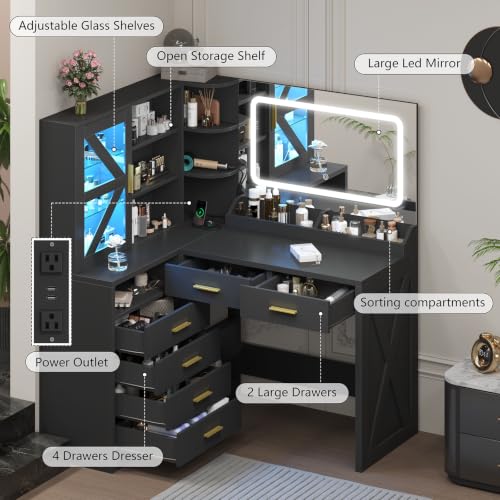 Image of Black L-Shaped Corner Vanity with LED Lighted Mirror & Open Storage Shelves