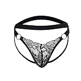 Kinizpl Men's Sissy Thong Lace Underwear Low Waist Jockstrap Pouch G-String Panties Crossdressing Gay Lingerie Black