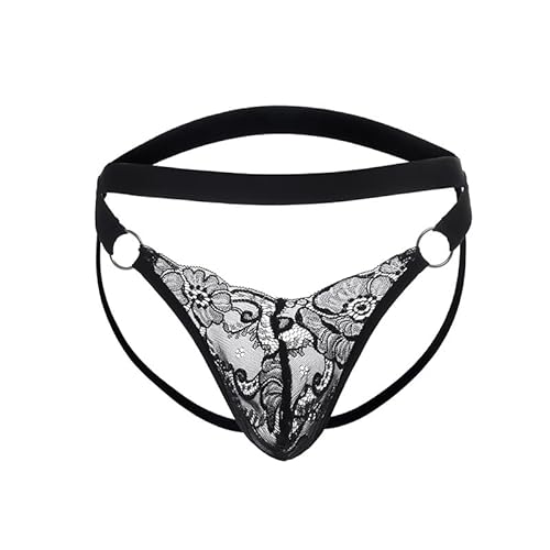 Kinizpl Men's Sissy Thong Lace Underwear Low Waist Jockstrap Pouch G-String Panties Crossdressing Gay Lingerie Black