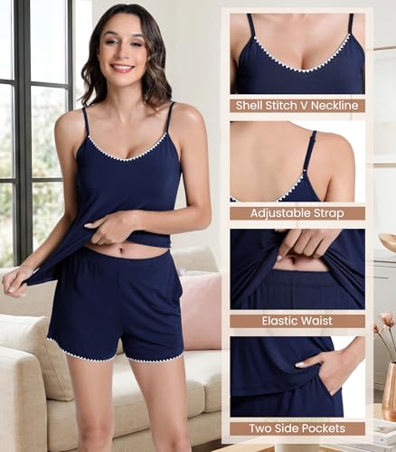 Image of NACHILA Women's Pajamas Set-Viscose Made from Bamboo, Cami Top Pajama Set Sleeveless Tops with Shorts Pjs Sets Cool Sleepwear