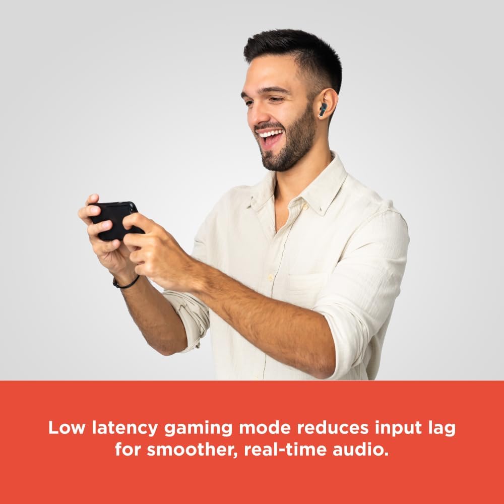 Person playing a mobile game with RadioShack Wireless Gaming Earbuds