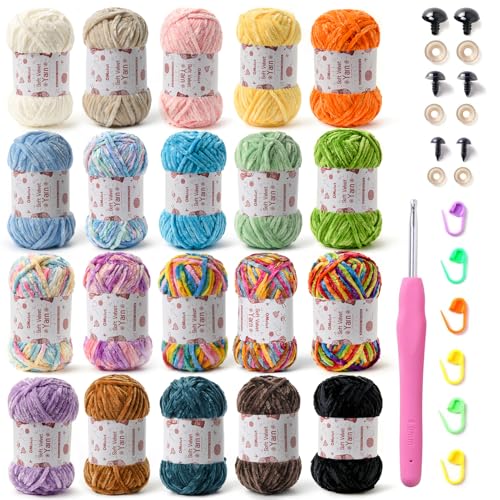 Image of 20 Pack Chenille Chunky Yarn - Baby Yarn for Crocheting Soft - White Black Brown Green Red Pink Blue Rainbow Velvet Yarns Crochet Blanket - Amigurumi Yarns Pack with Crochet Accessories