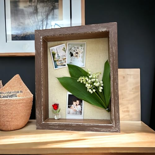 Image of Shadow Box Picture Frame 12x16 Natural Wood Display Case with Linen Back for Memorabilia, Pins, Awards, Medals, Tickets and Photos - Weathered Brown