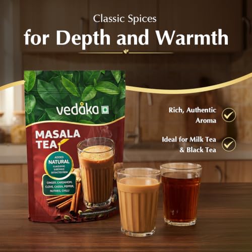 Image of Amazon Brand - Vedaka Masala Tea 500 g | Assam & Darjeeling Blend | Rich Aroma & Strong Flavour | Natural Spice Mix | Perfect for Milk Tea