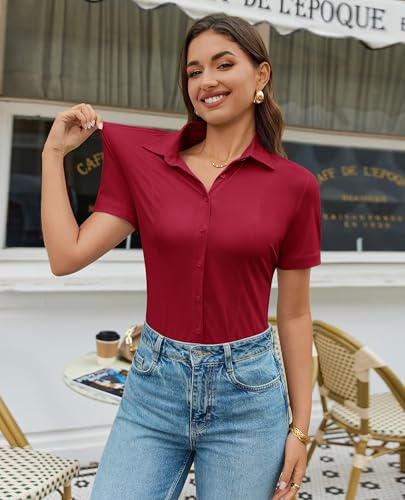Image of Gleeivy Women's Slim Fit Button Down Shirt Stretch Short Sleeve Wrinkle-Free Work Blouse for Business Casual Office