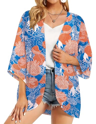 BB&KK Women's Floral Summer Tops Puff Sleeve Kimono Cardigan Loose Cover Up Casual Chiffon Blouse (Green Blue, L)