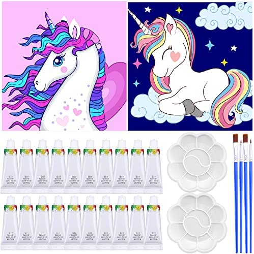 2 Pack Paint by Numbers for Kids Unicorn,DIY Kids Paint by Number,Acrylic Watercolor Number Painting Framed Canvas Craft Kits,Painting by Numbers for Children Beginner Gifts Home Decor 7.67"x7.67"