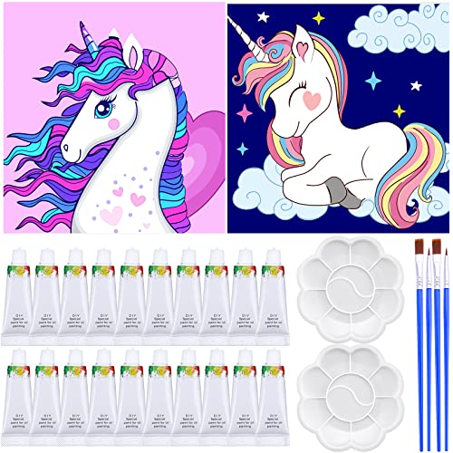 2 Pack Paint By Numbers For Kids Unicorn,Diy Kids Paint By Number,Acrylic Watercolor Number Painting Framed Canvas Craft Kits,Painting By Numbers For Children Beginner Gifts Home Decor 7.67"X7.67" #TOP20