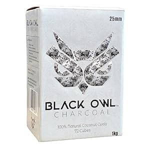 Black Owl Natural Coconut Shell Charcoal Cubes Perfect for Cooking, Grilling, and Barbecuing, Authentic Chemical Free Non-Quick-Light Charcoal, 25x25x25mm Coconut Cubes 72 Counts (1Kg)
