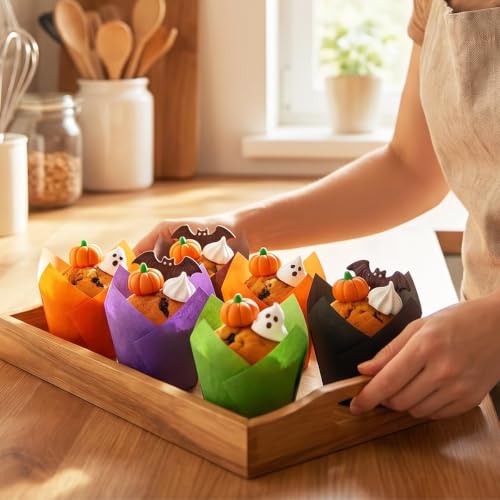 Image of 200 Pieces Tulip Cupcake Muffin Liners Greaseproof Paper Baking Cups Cupcake Wrappers for Halloween Party Birthday Wedding Baby Showers Catering (Black /Green /Orange /Purple)