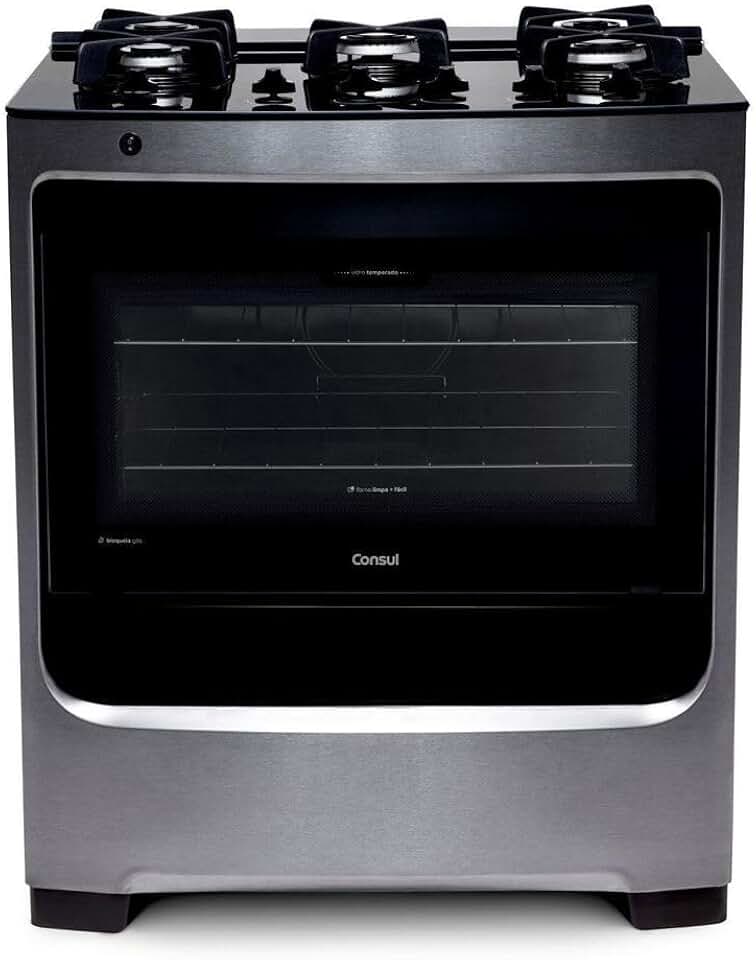 Fogão Consul 5 bocas cor Inox com mesa de vidro e grade de ferro fundido - CFS5VAR BIVOLT