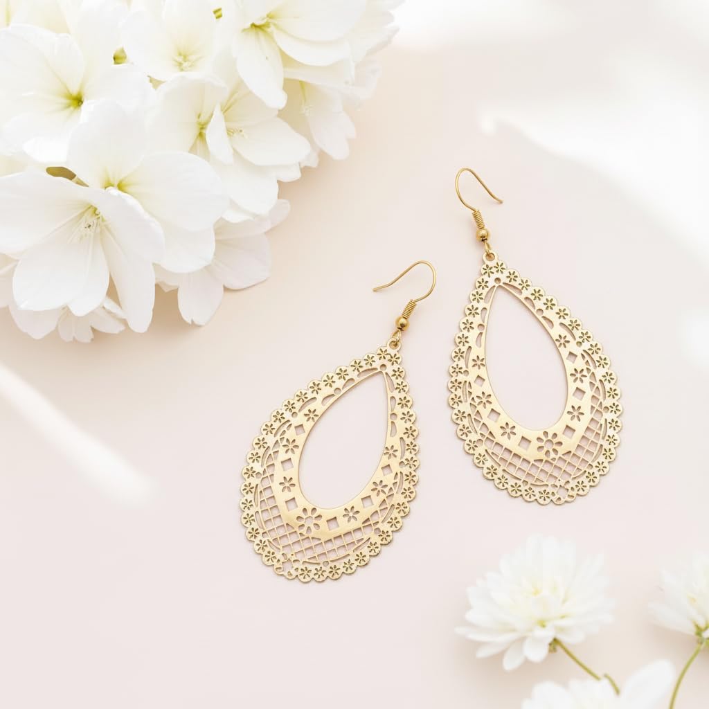 Filigree Teardrop Dangle Earrings for Women Openwork Lightweight Boho Drop Jewelry in Gold or Silver image 3
