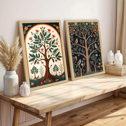 Image of ArtX Paper Madhubani Floral Art Paintings with Frame for Home Decor, Wall Paintings for Living Room, Multicolor, Natural Wood Color Frames, Set of 2