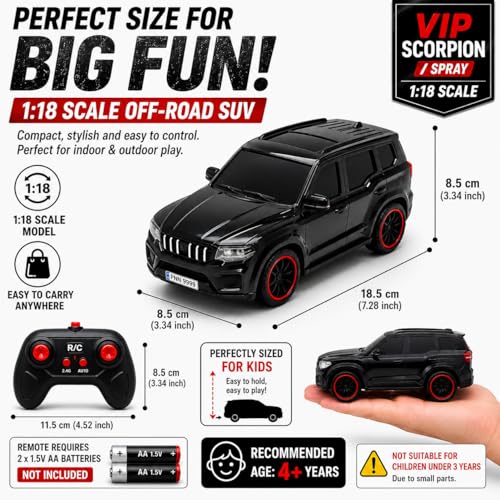 Image of The Flyers Bay 1:18 Scale Scorpio-Style Remote Control SUV Car for Kids | 2.4GHz Long Range Remote, Spray Mist Effect, Police Lights & Siren, Rechargeable Battery (Black)