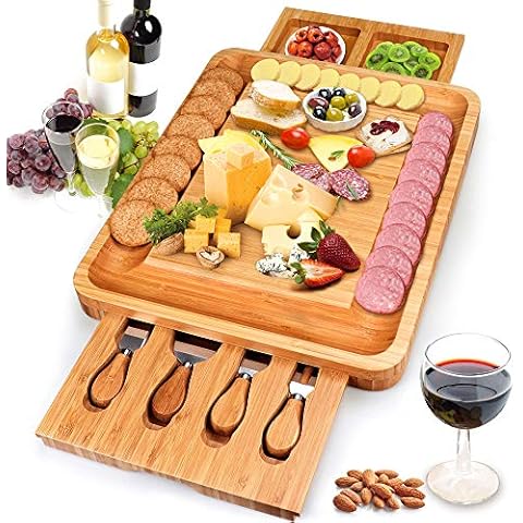 Käsebrett mit Käsemesser und 2 Schublade,Käseset aus Bambus, Käseplatte multifunktional, Käsemesserset, Käseschneidbrett, Käsebesteck,Servierplatte Cover