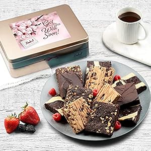 Dulcet Gift Baskets Get Well Soon Chocolate Fudge Brownie Assortment Gift Tin, Fresh Baked Snacks Yummy Flavors including Chocolate Cheese -Walnut -Fudge-Chip Blondie Great for Women, Men, Friends and Family.