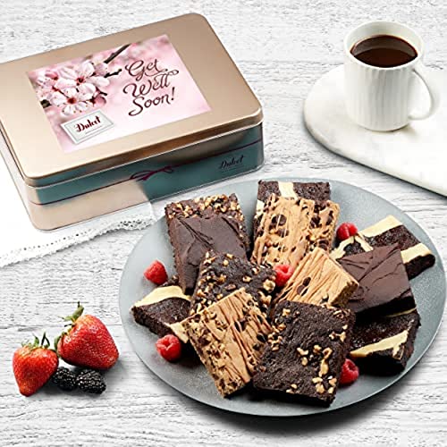 Dulcet Gift Baskets Get Well Soon Chocolate Fudge Brownie Assortment Gift Tin, Fresh Baked Snacks Yummy Flavors including Chocolate Cheese -Walnut -Fudge-Chip Blondie Great for Women, Men, Friends and Family.