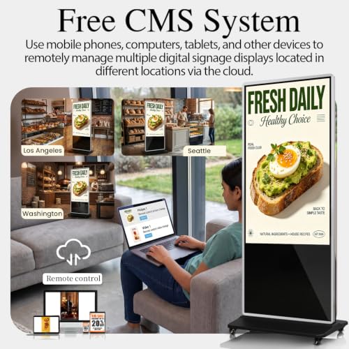 Image of 43 inch Digital Signage Display Kiosk Indoor Floor Standing Advertising | 4K Android 14 4 + 32 Storage, USB WiFi HDMI Bluetooth Input, Smart Split Screen, Free CMS, 700 Nits, Life over 50,000 hour