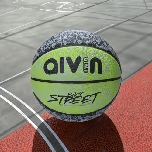 Image of AIVIN Back Street Basketball, Rubberized Moulded Basketball Game, for Match, Training, Outdoor Ball, Durable for Practice, Suitable for All Surface, 8 Panel, Material-Rubber (Green /Black) Size 7